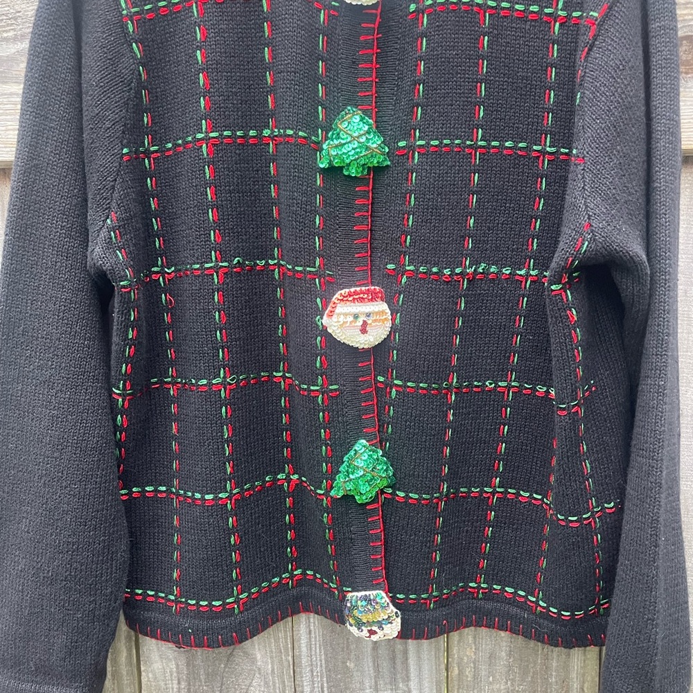 Vintage Christmas Sweater Black Cardigan with Holiday Accents - Size L - Picture 4 of 12
